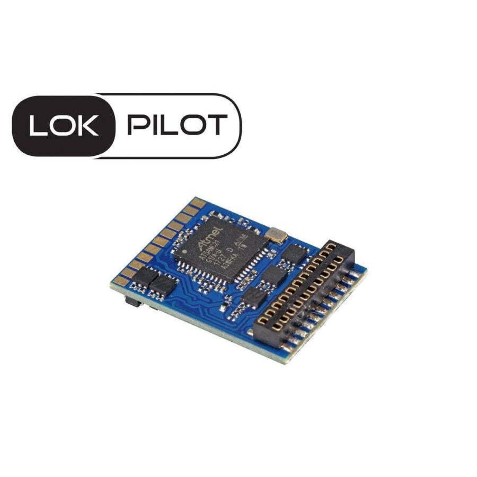 青い基板のデコーダー。端に2列のピンが並び、左上に「LOK PILOT」の文字