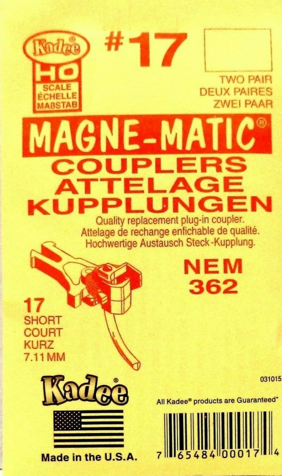 セカイモンの出品の写真。黄色い台紙の Kadee の#17。赤い文字で「MAGNE-MATIC」、右下に「NEM 362」とある
