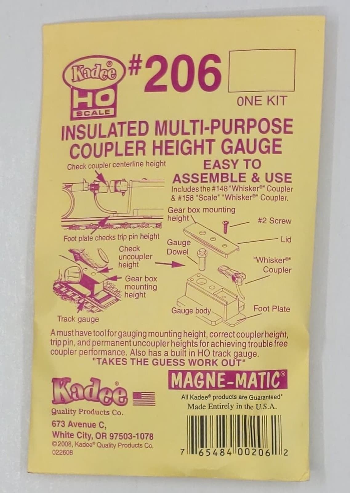 黄色い袋の Kadee の#206。「INSULATED MULTI-PURPOSE COUPLER HEIGHT GAUGE」の文字と、ゲージを組み立てる図がある