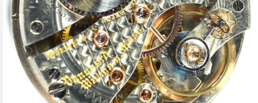 懐中時計のムーブメントの一部を横長に写した写真。波の模様の受け板に金色の「19 Jewels」「Vanguard」「Waltham, Mass.」の刻印があり、右に金色のてんぷが見える
