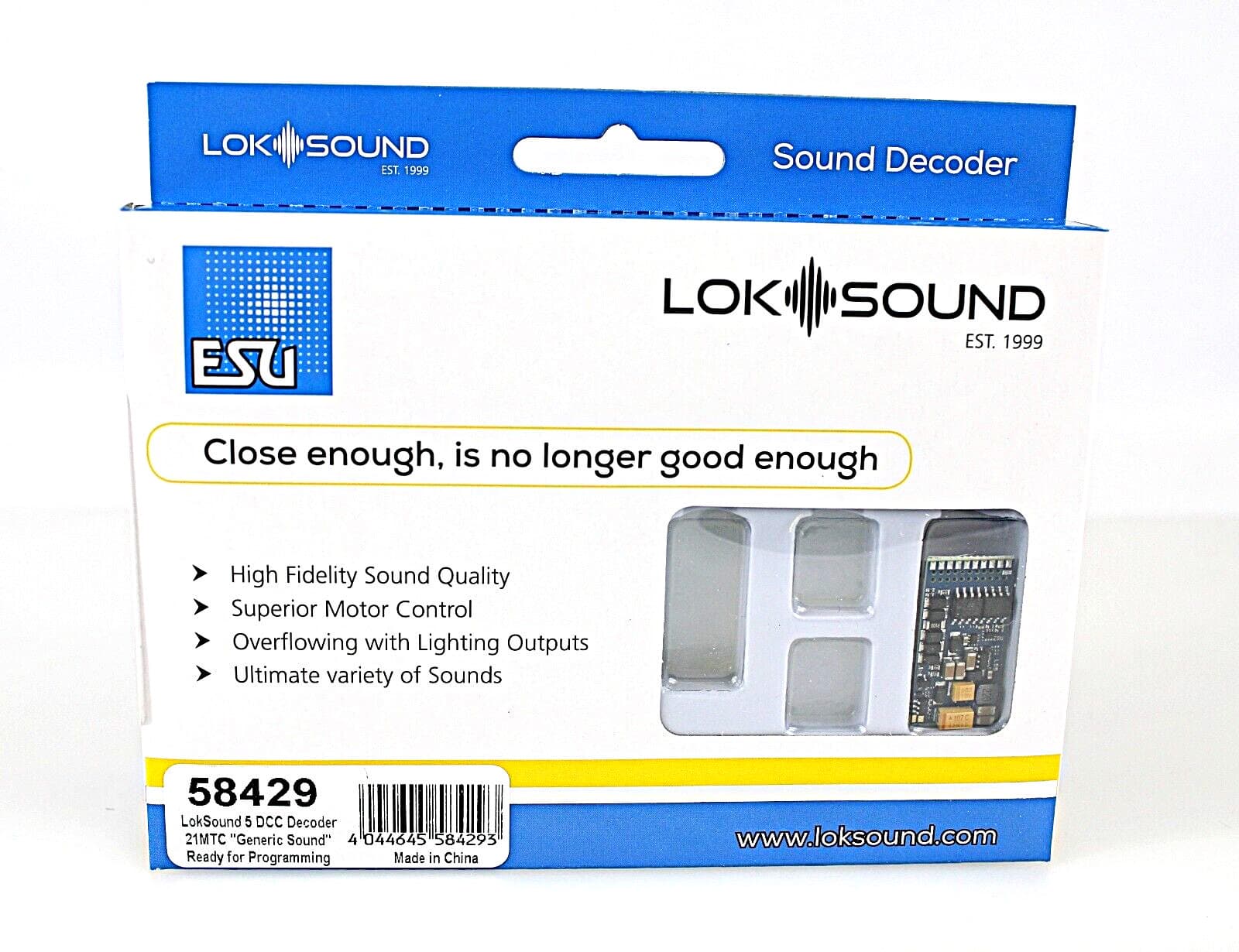 LokSoundの箱。窓から基板が見え、下の札に「58429」の番号